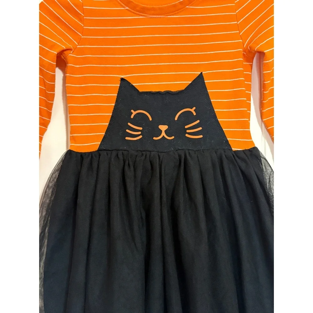 Cat & Jack Girls 5T Halloween Black Cat Tutu Dress Orange Striped Long Sleeve